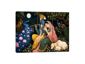 Radha Krishna moonlit spiritual painting canvas art for elegant living room decor