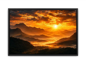 Dramatic sunrise over layered mountains canvas art for elegant living room decor