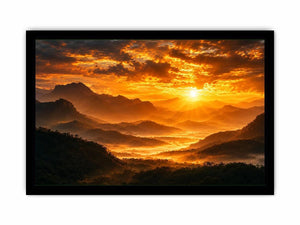Dramatic sunrise over layered mountains canvas art for elegant living room decor