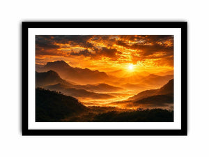 Dramatic sunrise over layered mountains canvas art for elegant living room decor