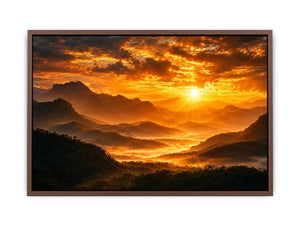Dramatic sunrise over layered mountains canvas art for elegant living room decor