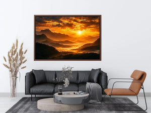 Dramatic sunrise over layered mountains canvas art for elegant living room decor