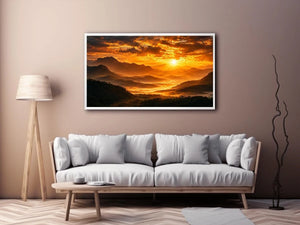 Dramatic sunrise over layered mountains canvas art for elegant living room decor