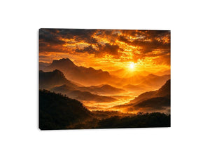 Dramatic sunrise over layered mountains canvas art for elegant living room decor