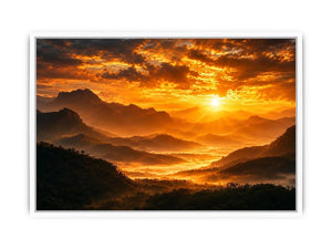 Dramatic sunrise over layered mountains canvas art for elegant living room decor
