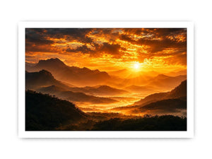 Dramatic sunrise over layered mountains canvas art for elegant living room decor