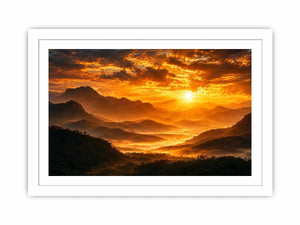 Dramatic sunrise over layered mountains canvas art for elegant living room decor