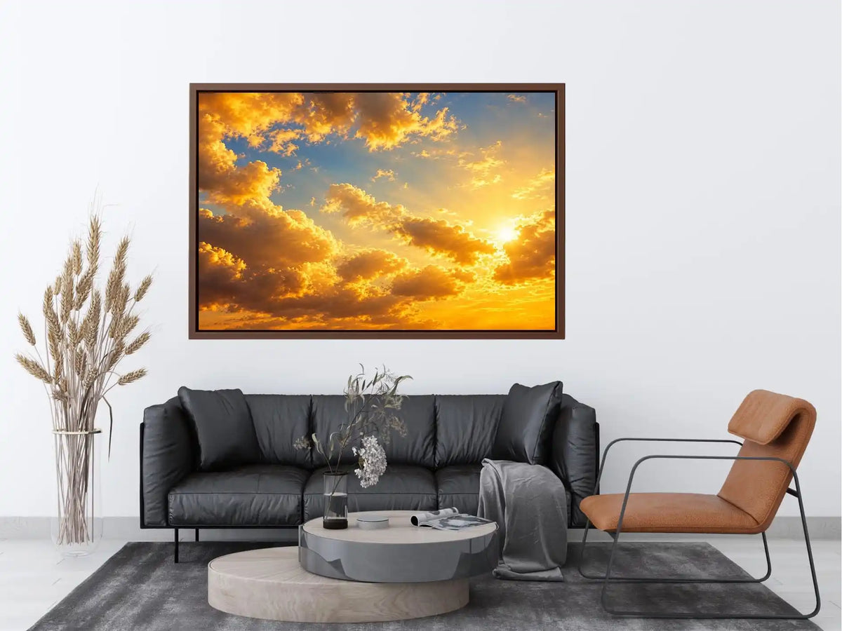 Golden cloudscape and sun rays canvas art for elegant living room decor