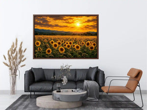 Sunflower landscape with mountain sunset canvas art for elegant living room decor