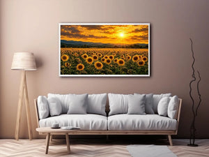 Sunflower landscape with mountain sunset canvas art for elegant living room decor