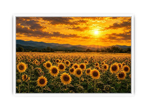 Sunflower landscape with mountain sunset canvas art for elegant living room decor