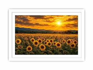 Sunflower landscape with mountain sunset canvas art for elegant living room decor