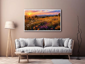 Warm wildflower meadow canvas art for elegant living room decor.