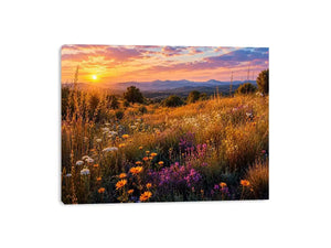 Warm wildflower meadow canvas art for elegant living room decor.