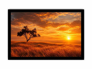 Lone tree sunset landscape canvas art for warm living room decor.