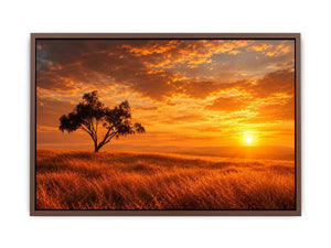 Lone tree sunset landscape canvas art for warm living room decor.