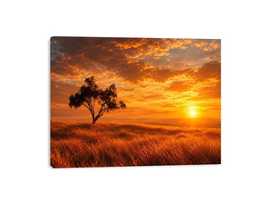 Lone tree sunset landscape canvas art for warm living room decor.