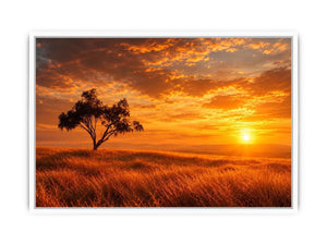 Lone tree sunset landscape canvas art for warm living room decor.