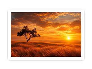 Lone tree sunset landscape canvas art for warm living room decor.
