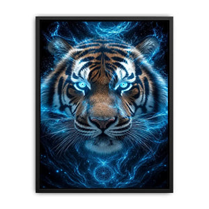 Electric blue tiger portrait canvas art for bold modern office decor.