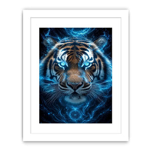 Electric blue tiger portrait canvas art for bold modern office decor.