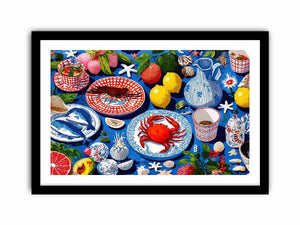 Colorful seafood illustration canvas art for coastal kitchen decor.