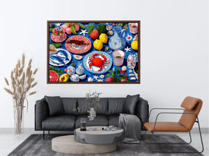 Colorful seafood illustration canvas art for coastal kitchen decor.