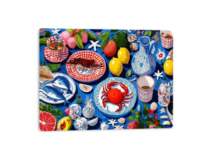 Colorful seafood illustration canvas art for coastal kitchen decor.