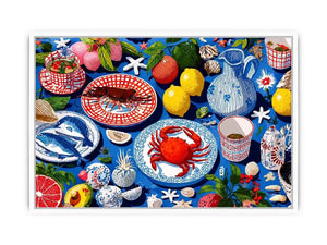 Colorful seafood illustration canvas art for coastal kitchen decor.