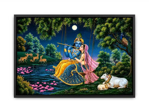 Krishna and Radha spiritual canvas art for peaceful living room decor.