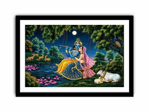 Krishna and Radha spiritual canvas art for peaceful living room decor.