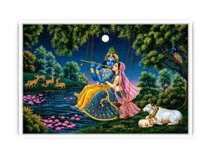 Krishna and Radha spiritual canvas art for peaceful living room decor.