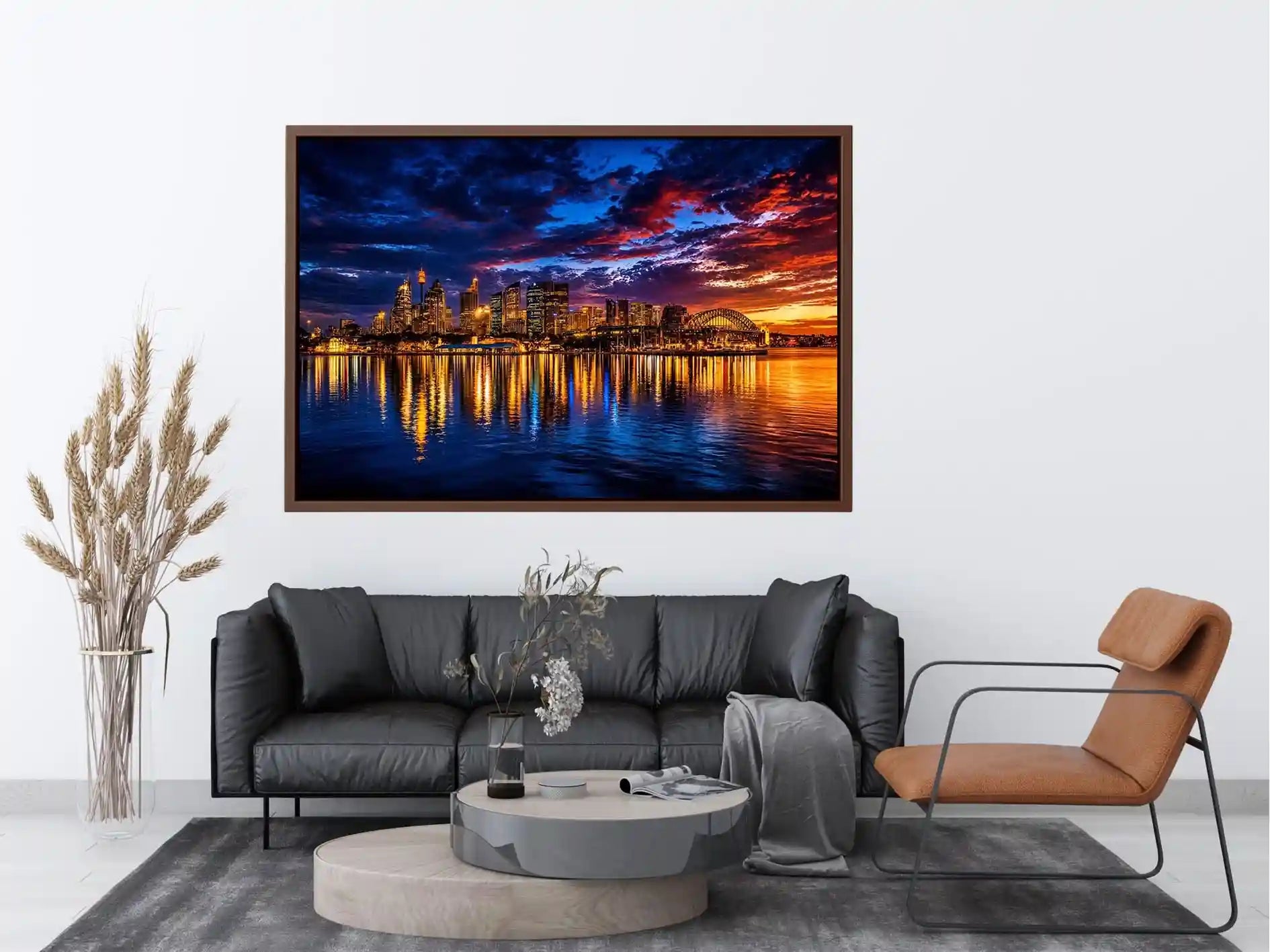 Sydney harbour skyline canvas art for dramatic modern living room decor.