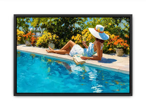Elegant poolside woman canvas art for bright luxury bedroom decor.