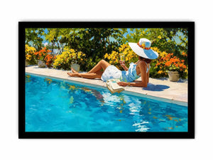 Elegant poolside woman canvas art for bright luxury bedroom decor.