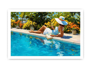 Elegant poolside woman canvas art for bright luxury bedroom decor.