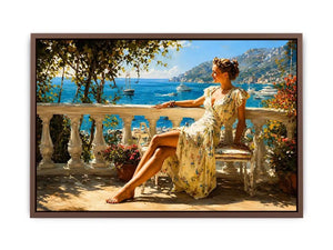 Elegant Mediterranean woman canvas art for coastal bedroom decor.