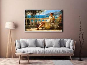 Elegant Mediterranean woman canvas art for coastal bedroom decor.