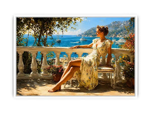 Elegant Mediterranean woman canvas art for coastal bedroom decor.