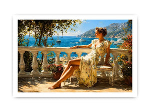 Elegant Mediterranean woman canvas art for coastal bedroom decor.