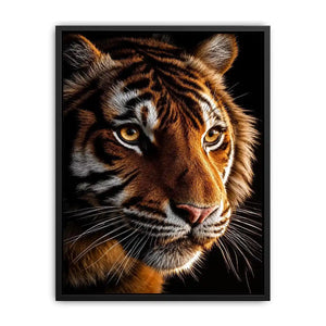 Tiger portrait canvas art with dramatic lighting for modern living room decor.