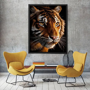 Tiger portrait canvas art with dramatic lighting for modern living room decor.