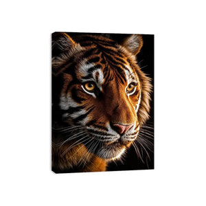 Tiger portrait canvas art with dramatic lighting for modern living room decor.