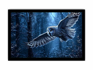 Owl in flight canvas art with misty blue forest for serene bedroom decor.