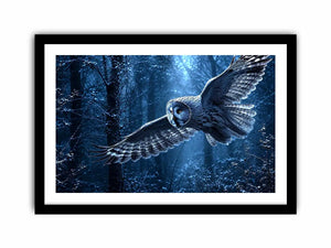 Owl in flight canvas art with misty blue forest for serene bedroom decor.