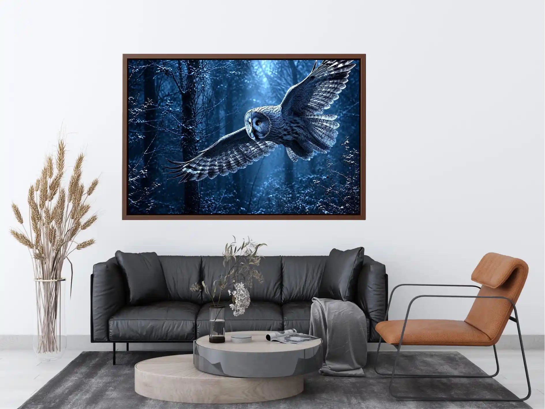 Owl in flight canvas art with misty blue forest for serene bedroom decor.