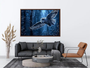 Owl in flight canvas art with misty blue forest for serene bedroom decor.