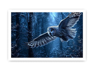 Owl in flight canvas art with misty blue forest for serene bedroom decor.