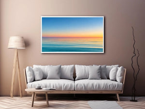 Pastel ocean horizon canvas art for calm coastal living room decor.