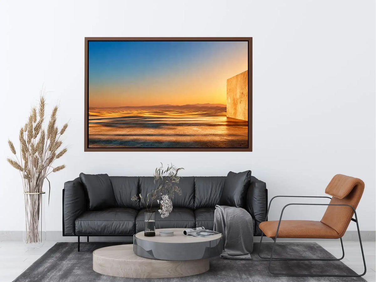 Minimal desert architecture canvas art for warm neutral living room decor.